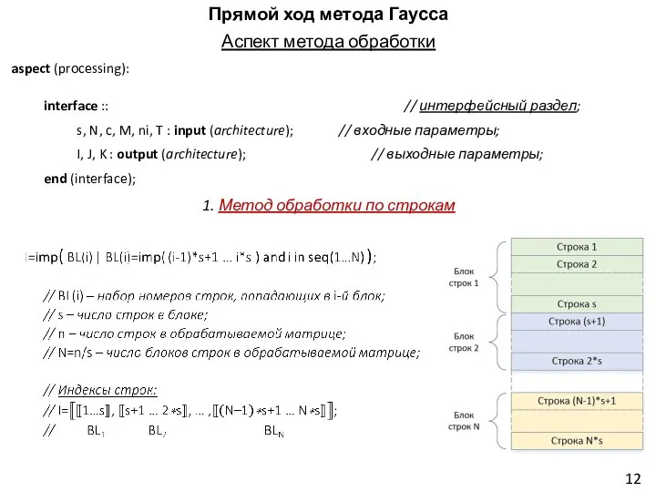 Прямой ход метода Гаусса Аспект метода обработки aspect (processing): interface ::