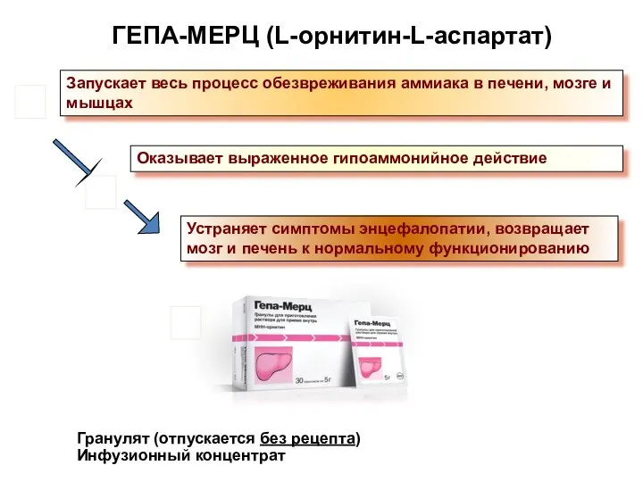 Оказывает выраженное гипоаммонийное действие Запускает весь процесс обезвреживания аммиака в печени,