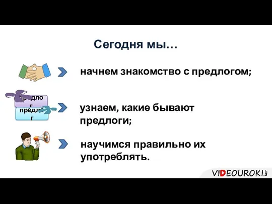 Сегодня мы… начнем знакомство с предлогом; узнаем, какие бывают предлоги; научимся правильно их употреблять.