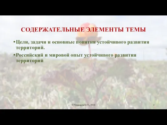 СОДЕРЖАТЕЛЬНЫЕ ЭЛЕМЕНТЫ ТЕМЫ Цели, задачи и основные понятия устойчивого развития территорий.