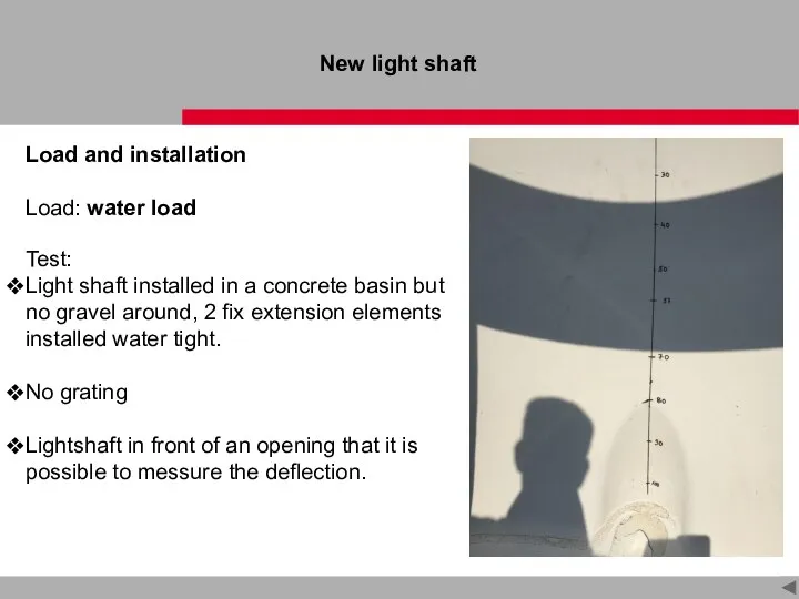 Load and installation Load: water load Test: Light shaft installed in