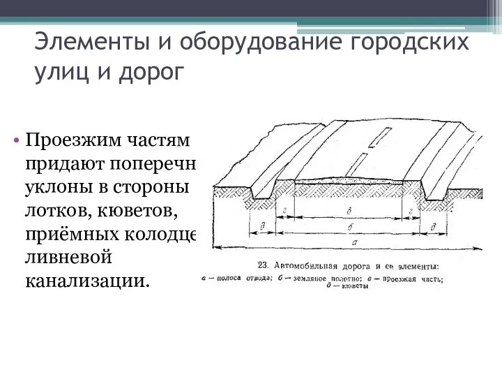 Проезжим частям придают поперечные уклоны в стороны лотков, кюветов, приёмных колодцев