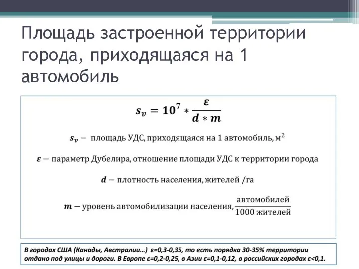 Площадь застроенной территории города, приходящаяся на 1 автомобиль