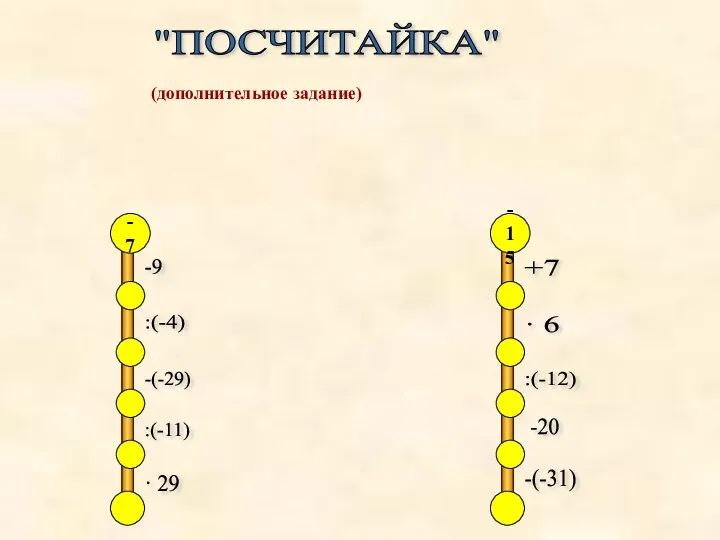 (дополнительное задание) "ПОСЧИТАЙКА" -7 -9 :(-4) -(-29) :(-11) · 29 -15