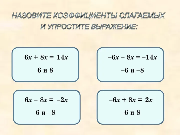 НАЗОВИТЕ КОЭФФИЦИЕНТЫ СЛАГАЕМЫХ И УПРОСТИТЕ ВЫРАЖЕНИЕ: 6х + 8х = 6