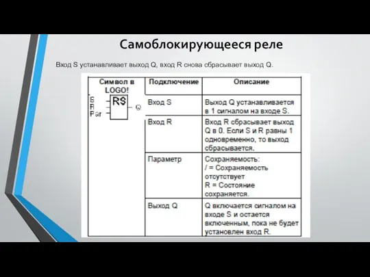 Самоблокирующееся реле Вход S устанавливает выход Q, вход R снова сбрасывает выход Q.