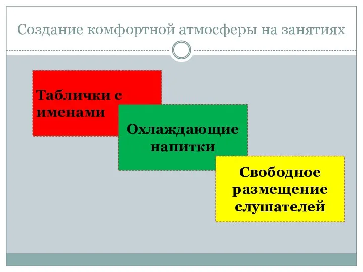 Создание комфортной атмосферы на занятиях Таблички с именами Охлаждающие напитки Свободное размещение слушателей