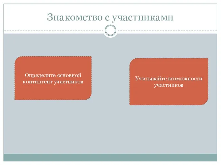 Знакомство с участниками Определите основной контингент участников Учитывайте возможности участников