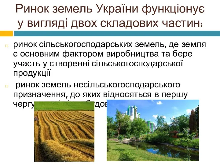 Ринок земель України функціонує у вигляді двох складових частин: ринок сільськогосподарських