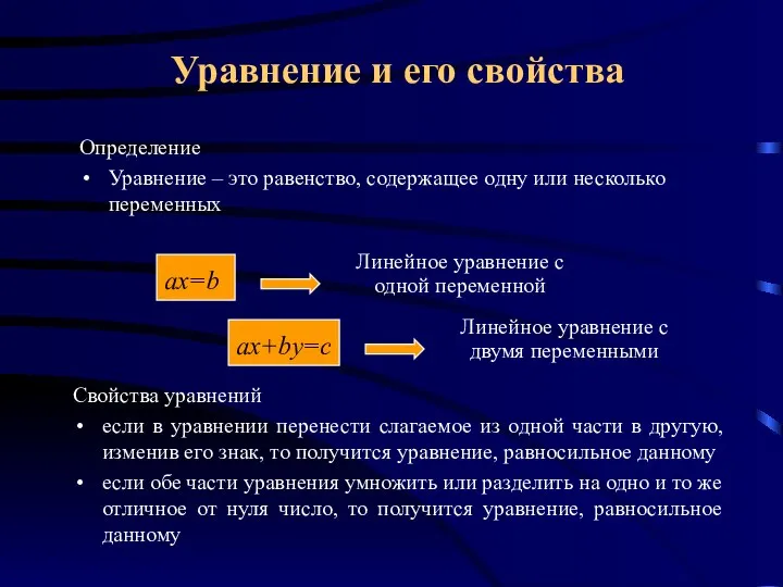 Определение Уравнение – это равенство, содержащее одну или несколько переменных Линейное