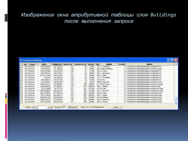 Изображение окна атрибутивной таблицы слоя Buildings после выполнения запроса