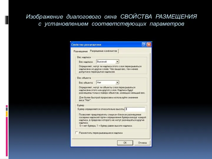 Изображение диалогового окна СВОЙСТВА РАЗМЕЩЕНИЯ с установлением соответствующих параметров