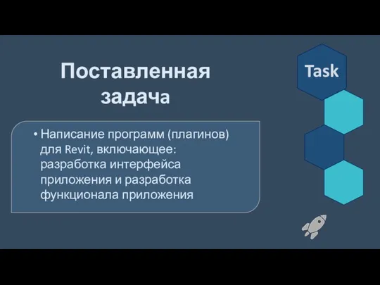 Task Поставленная задачa Написание программ (плагинов) для Revit, включающее: разработка интерфейса приложения и разработка функционала приложения