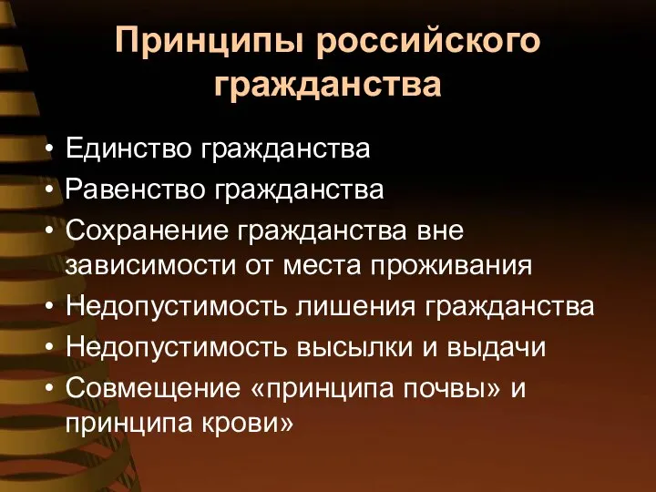 Принципы российского гражданства Единство гражданства Равенство гражданства Сохранение гражданства вне зависимости