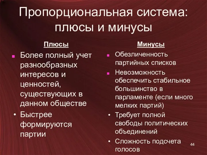 Пропорциональная система: плюсы и минусы Плюсы Более полный учет разнообразных интересов