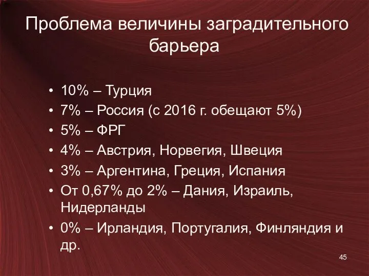 Проблема величины заградительного барьера 10% – Турция 7% – Россия (с