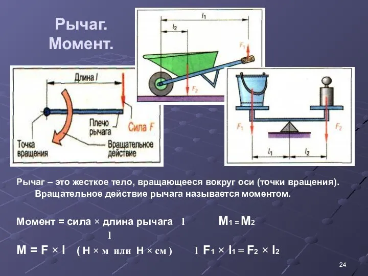 Рычаг. Момент. Рычаг – это жесткое тело, вращающееся вокруг оси (точки