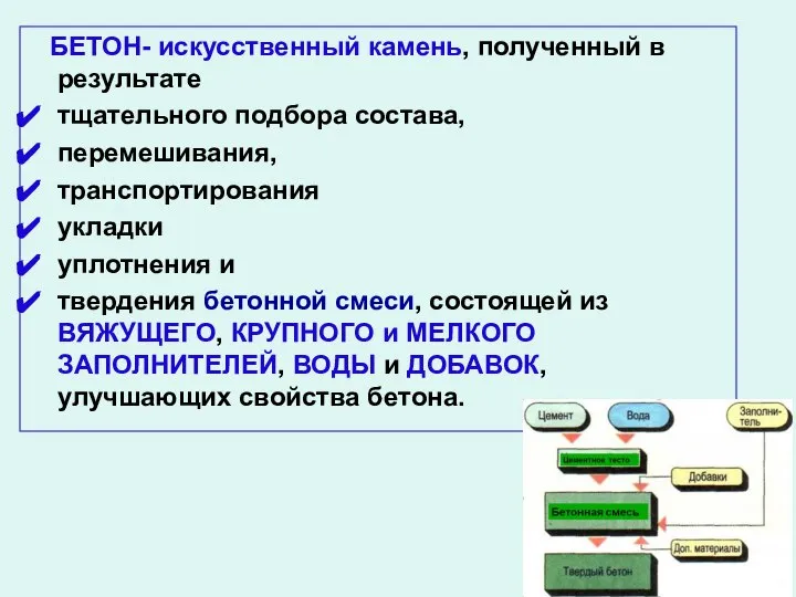 БЕТОН- искусственный камень, полученный в результате тщательного подбора состава, перемешивания, транспортирования