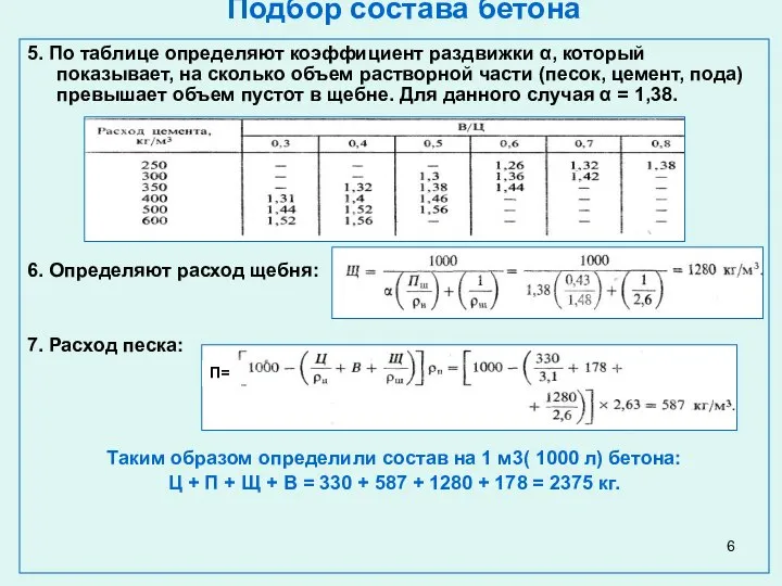 Подбор состава бетона 5. По таблице определяют коэффициент раздвижки α, который