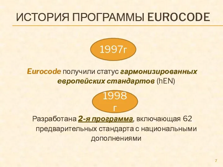 ИСТОРИЯ ПРОГРАММЫ EUROCODE Eurocode получили статус гармонизированных eвропейских стандартов (hEN) Разработана