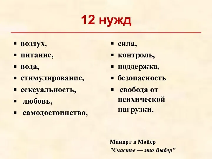 12 нужд воздух, питание, вода, стимулирование, сексуальность, любовь, самодостоинство, сила, контроль,