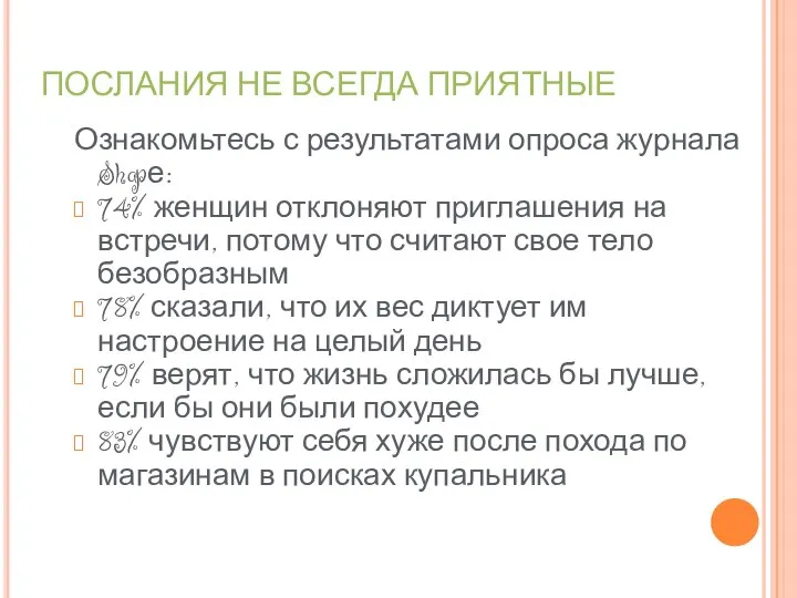 ПОСЛАНИЯ НЕ ВСЕГДА ПРИЯТНЫЕ Ознакомьтесь с результатами опроса журнала Shapе: 74%