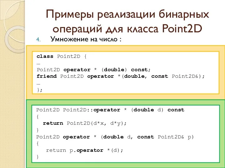 Примеры реализации бинарных операций для класса Point2D Умножение на число :