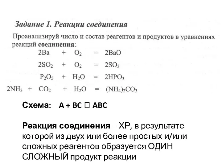 Схема: A + BC ? ABC Реакция соединения – ХР, в