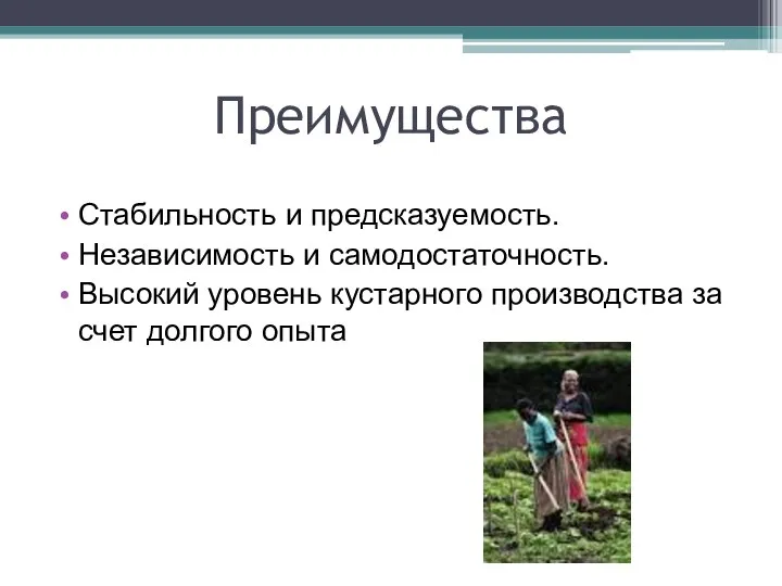 Преимущества Стабильность и предсказуемость. Независимость и самодостаточность. Высокий уровень кустарного производства за счет долгого опыта