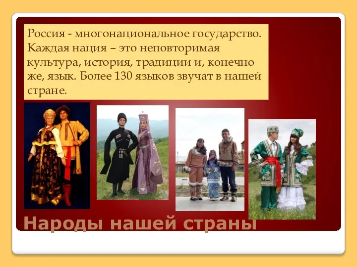 Народы нашей страны Россия - многонациональное государство. Каждая нация – это