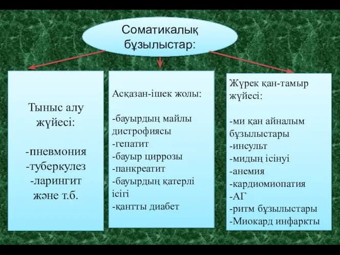 Соматикалық бұзылыстар: Тыныс алу жүйесі: -пневмония -туберкулез -ларингит және т.б. Асқазан-ішек