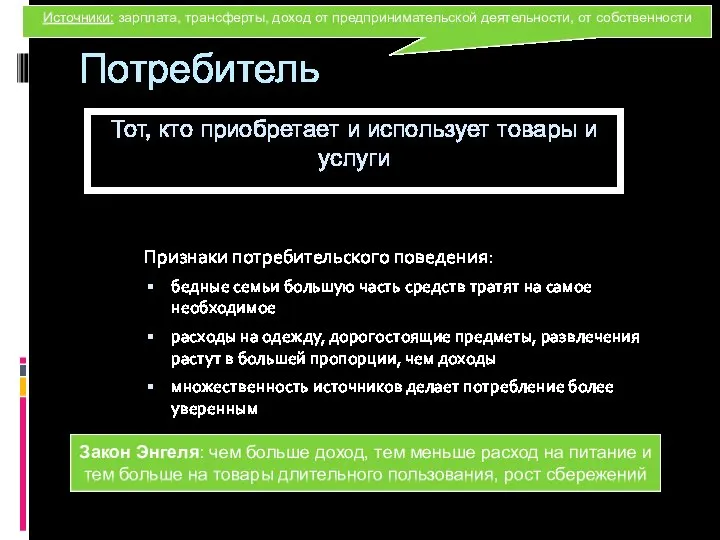 Потребитель Признаки потребительского поведения: бедные семьи большую часть средств тратят на