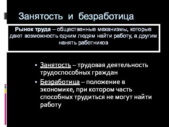 Занятость и безработица Занятость – трудовая деятельность трудоспособных граждан Безработица –