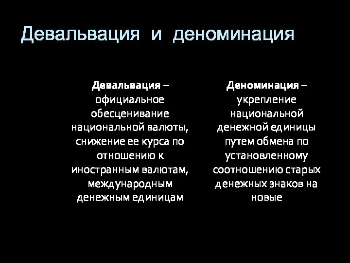 Девальвация и деноминация Девальвация – официальное обесценивание национальной валюты, снижение ее