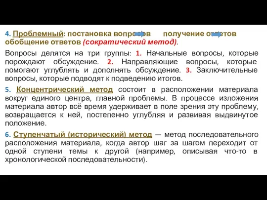 4. Проблемный: постановка вопросов получение ответов обобщение ответов (сократический метод). Вопросы