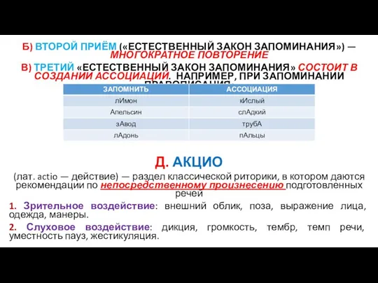 Б) ВТОРОЙ ПРИЁМ («ЕСТЕСТВЕННЫЙ ЗАКОН ЗАПОМИНАНИЯ») — МНОГОКРАТНОЕ ПОВТОРЕНИЕ В) ТРЕТИЙ