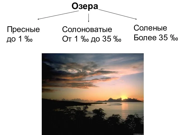 Озера Пресные до 1 ‰ Солоноватые От 1 ‰ до 35 ‰ Соленые Более 35 ‰