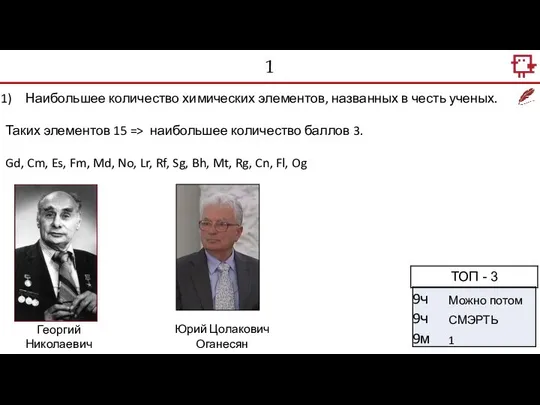 1 Наибольшее количество химических элементов, названных в честь ученых. Таких элементов