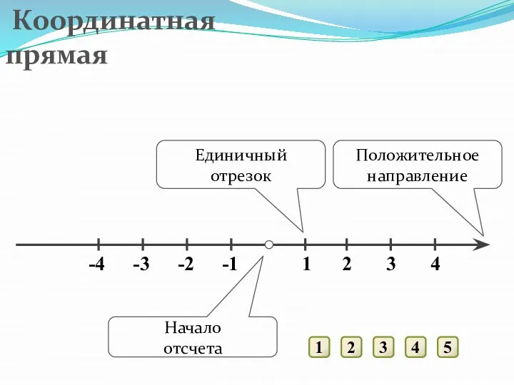 1 2 3 4 5 Положительное направление Начало отсчета Единичный отрезок Координатная прямая