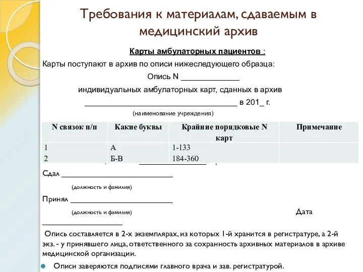 Требования к материалам, сдаваемым в медицинский архив Карты амбулаторных пациентов :