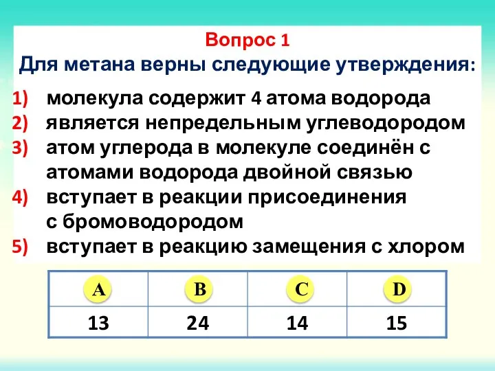 Вопрос 1 Для метана верны следующие утверждения: молекула содержит 4 атома