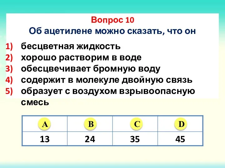 Вопрос 10 Об ацетилене можно сказать, что он бесцветная жидкость хорошо