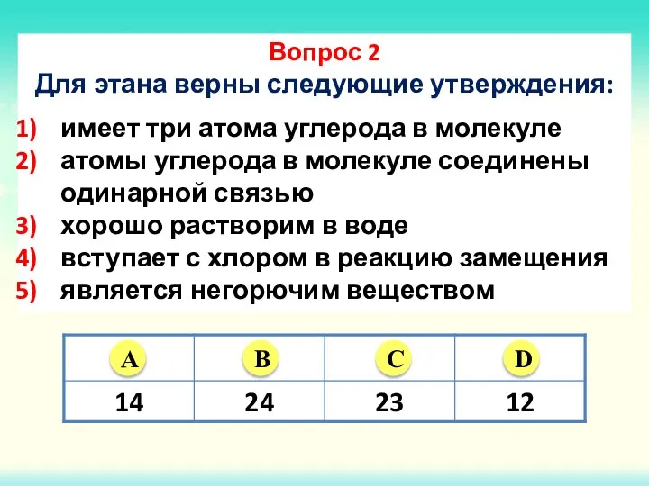 Вопрос 2 Для этана верны следующие утверждения: имеет три атома углерода