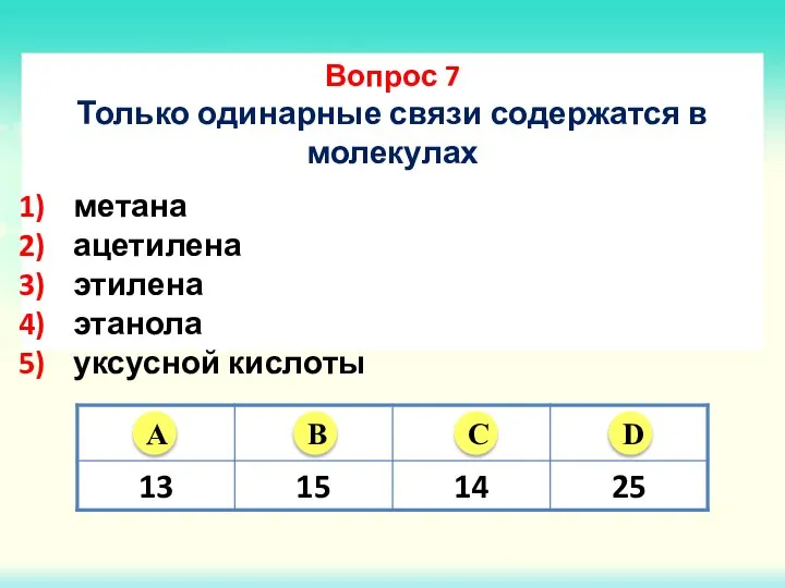 Вопрос 7 Только одинарные связи содержатся в молекулах метана ацетилена этилена этанола уксусной кислоты