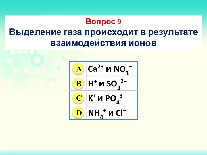 Вопрос 9 Выделение газа происходит в результате взаимодействия ионов