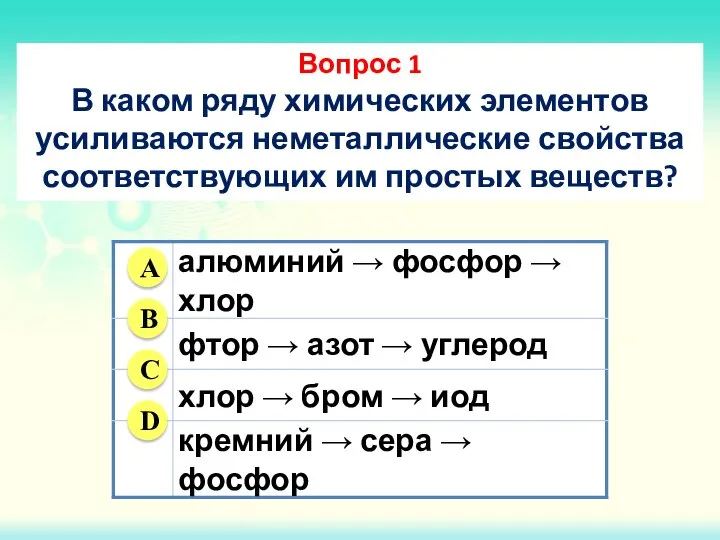 Вопрос 1 В каком ряду химических элементов усиливаются неметаллические свойства соответствующих им простых веществ?