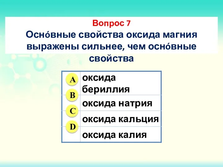 Вопрос 7 Оснóвные свойства оксида магния выражены сильнее, чем оснóвные свойства