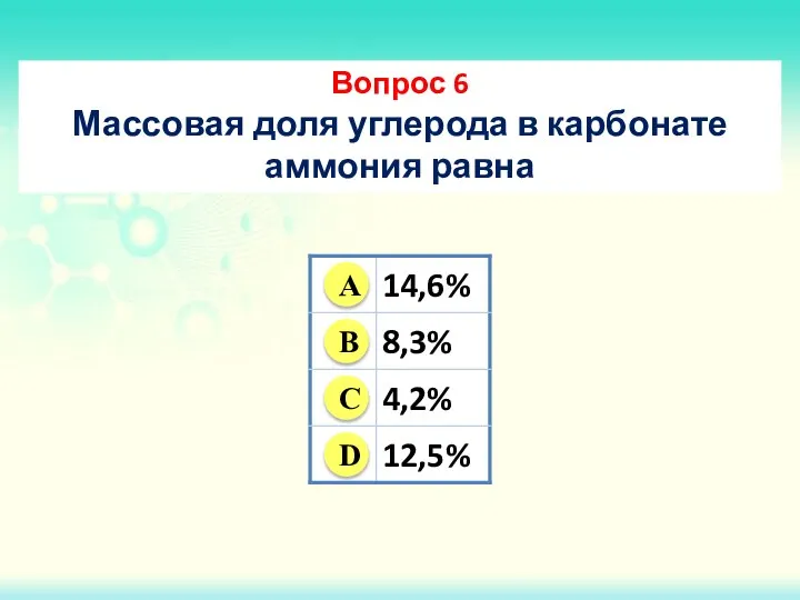 Вопрос 6 Массовая доля углерода в карбонате аммония равна