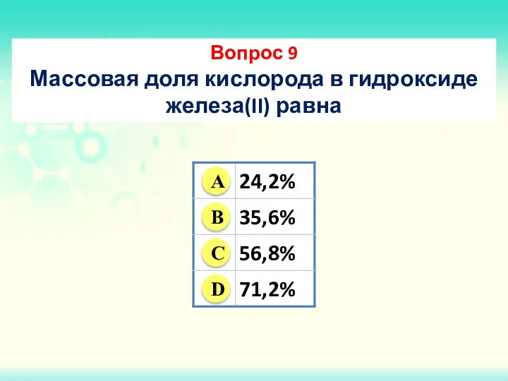 Вопрос 9 Массовая доля кислорода в гидроксиде железа(II) равна