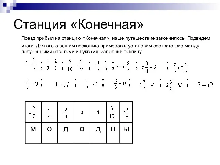 Станция «Конечная» Поезд прибыл на станцию «Конечная», наше путешествие закончилось. Подведем